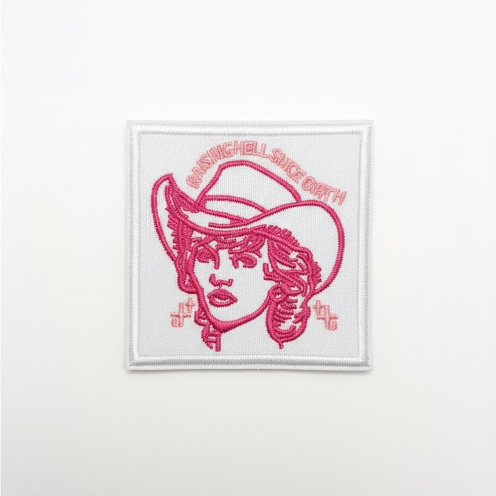 3x3 Pink Cowgirl Iron On Patch Raising Hell Since Birth